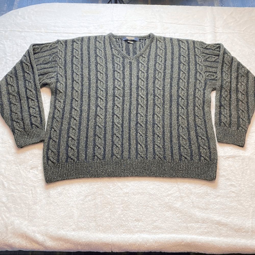 Bachrach Mens Cable Knit Sweater Large Brown V Neck Long Sleeve Pullover
